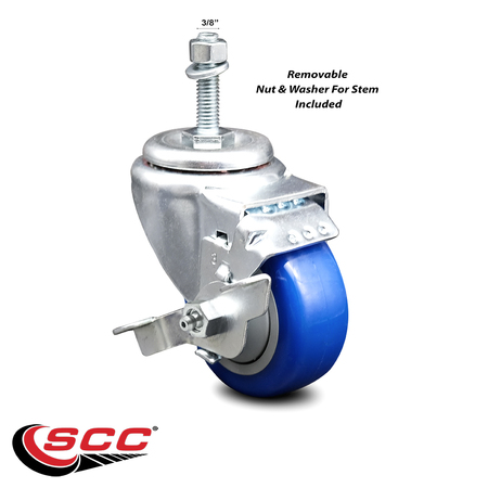 Service Caster 3 Inch Blue Polyurethane Wheel Swivel 3/8 Inch Threaded Stem Caster with Brake SCC-TS20S314-PPUB-BLUE-TLB-381615